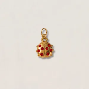 Dettaglio macro del ciondolo coccinella in acciaio inossidabile placcato oro 18K e cristalli.