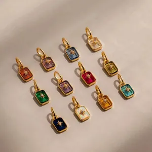 Luxury collection of 12-color zircon square pendants with gold eight-pointed star motif