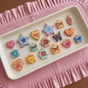 Pendentifs Coeur Etoile en Céramique Peints à la Main Vintage Chaînes de Collier en Acier Inoxydable pour DIY Bijoux Rose Papillon