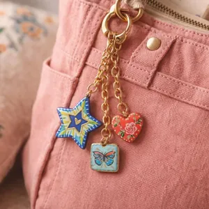 Breloques en céramique vintage peintes à la main avec motifs cœur, étoile et papillon