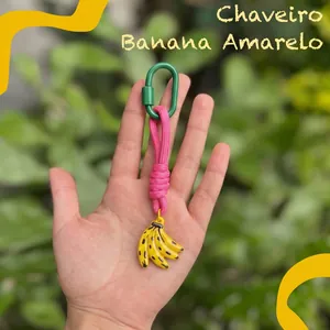 Tropical yellow banana bunch pendant keychain with pink braided rope