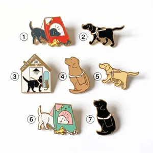 Collection of seven Labrador guide dog enamel pins featuring various working dog scenes