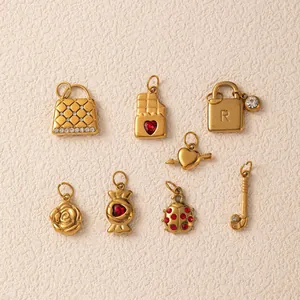 Pendentifs en Acier Inoxydable Or Animal Géométrique DIY Strass Cœur Serrure Rose Fleur Charms pour Collier Bracelet Fabrication Cadeau