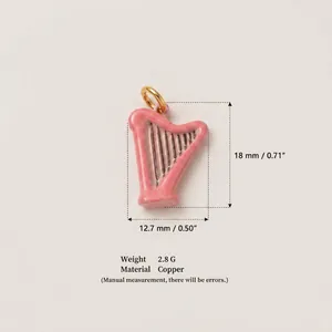 Pink harp-shaped jewelry pendant in copper with gold ring, 18mm height measurement detail