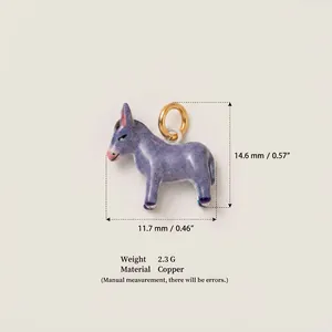 Hand-painted purple enamel donkey charm pendant in copper with size and weight specs