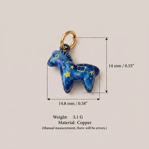 Macro detail view of 14.8mm blue horse charm pendant with starry night design and size specs