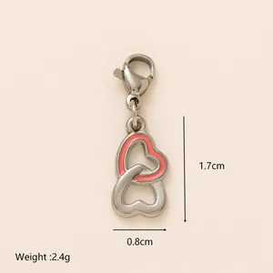 Detail view of a stainless steel interlocking heart charm with dimensions and weight.