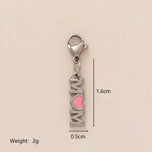 Detailed size and weight view of a MOM stainless steel charm pendant with heart