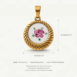 Detail view of a round gold pendant with rose pattern showing dimensions and materials.