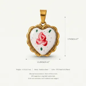 Detail view of heart-shaped rose pendant with dimensions and stainless steel specs.