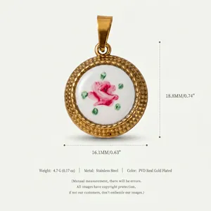 Macro view of vintage rose floral pendant showing 18.8mm dimensions and gold plated steel.