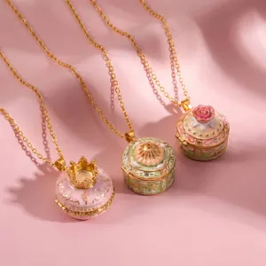 Vintage Märchen Öffnbares Medaillon Halskette Kupfer Emaille Strass Krone Macaron Rose Kuchen Anhänger Damen Schmuck