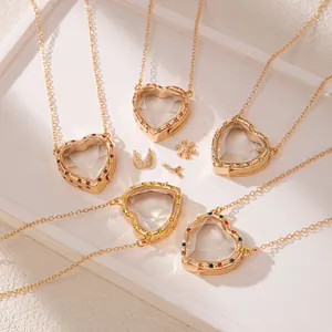 Trendy Copper Zirconia Heart Locket Necklace For Women Elegant Gold Plated Glass Floating Charm Pendant Jewelry Party Gift