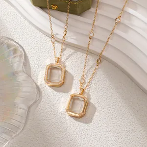 Fashion Light Luxury Square Openable Locket Pendant Necklace DIY Copper Rhinestone Glass Clavicle Chain For Women Jewelry