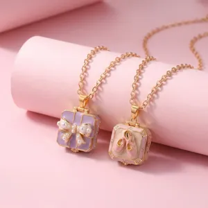Fairy Tale Style Locket Necklace Copper Gold Plated Enamel Ballet Shoes Artificial Pearl Bow Rhinestone Locket Pendant Necklace Women Jewelry Gift