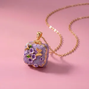 Macro-opname van de paarse emaille medaillon ketting met vlinder in sprookjesstijl