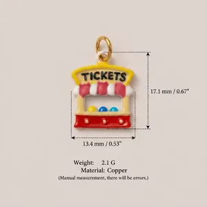 Detailed view of a colorful ticket booth charm with precise size and weight measurements.