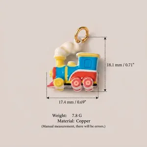Detailed macro view of colorful enamel train charm with precise size and weight measurements