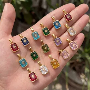 Pendentifs carrés en zircon 12 couleurs avec étoile à 8 branches, plaqué or 18k