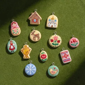 Close-up of assorted folk art pendants featuring Matryoshka, deer, and floral designs.