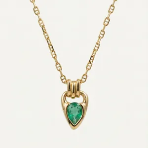 Detailed close-up of 18K gold plated necklace with green teardrop zircon pendant
