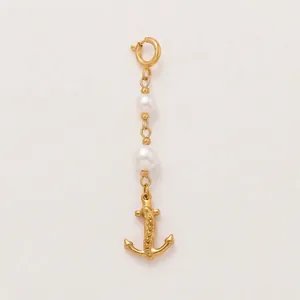 Elegant 18K gold plated stainless steel anchor charm pendant with white pearls