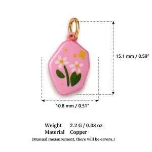 Dopamine style pink enamel flower pendant charm made of copper with 18K gold plating