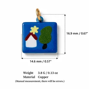 Blue square house and tree charm, 14.6x16.9mm copper jewelry with 18k gold plating.