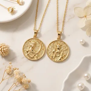 Vintage Gold Goddess Coin Pendant Necklace For Women Retro Diana Medallion Relief Paperclip Chain Artificial Pearl Necklace Jewelry