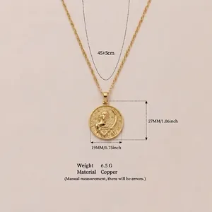 Detailed view of goddess pendant necklace showing dimensions 27mm by 19mm and copper material.
