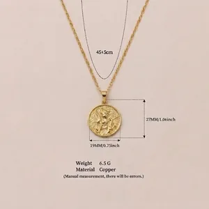 Detail view of golden copper goddess pendant necklace with dimensions and weight.