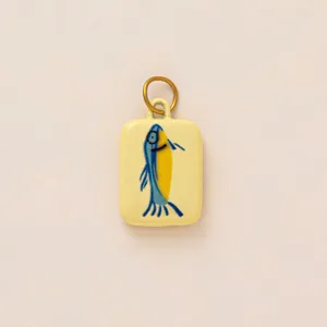 14K gold plated rectangular pendant with artistic blue and yellow fish motif