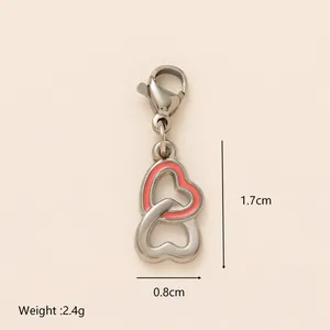 Silver stainless steel interlocking heart charm with pink enamel for DIY jewelry
