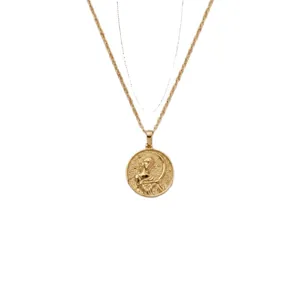 Elegant vintage gold goddess coin pendant necklace featuring a celestial crescent moon