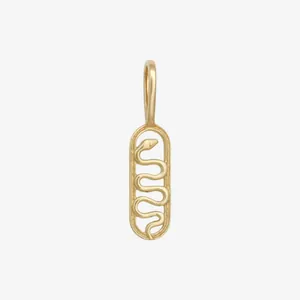 Detail view of an 18K gold-plated oval pendant featuring a stylized snake design.
