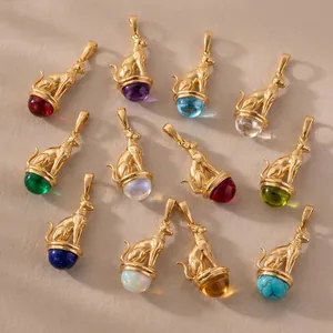 Vintage Ancient Egyptian Cat God Bastet Pendant Necklace Stainless Steel 18K Gold Plated Natural Stone Jewelry For Women