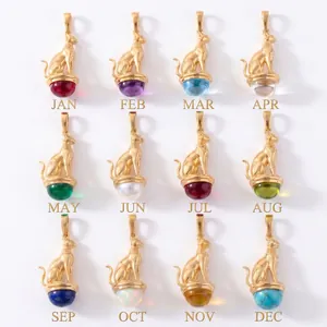 Vintage gold-plated Egyptian Bastet cat pendants featuring twelve colorful monthly birthstones