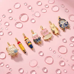 Cute Stationery Enamel Pendant Copper Electroplated Pencil Schoolbag Eraser Charm For Necklace DIY Jewelry Accessories