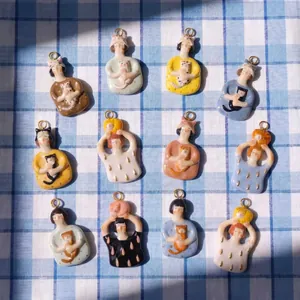 Nordic Style Cute Girl And Cat Copper DIY Pendants Hand Painted Finish Charms For DIY Necklace Bracelet Accessories Women Jewelry Making