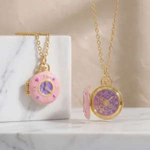 Exquisite pink and purple enamel openable pocket watch necklace with gold chain