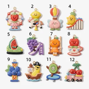 Detailed view of twelve colorful cartoon fruit-themed resin charms for DIY jewelry making