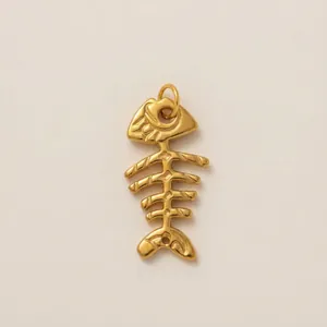 Minimalist golden stainless steel fish skeleton pendant charm for DIY jewelry necklace