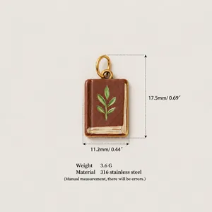 Detail of 316 stainless steel book pendant with leaf motif and dimensions