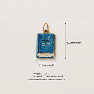 Detail view of 316 stainless steel blue book pendant with dimensions and weight info