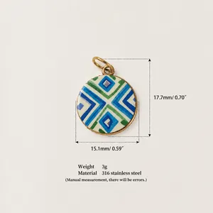 Detailed view of round stainless steel pendant with geometric patterns and dimensions