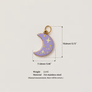 Detail of purple crescent moon charm showing 316 stainless steel material and dimensions