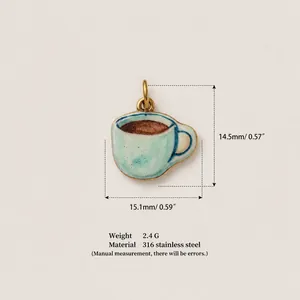 Detailed view of mint green coffee cup charm made of 316 stainless steel with size