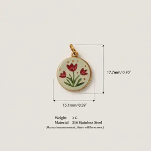 Detail view of 316 stainless steel red tulip pendant with precise size measurements
