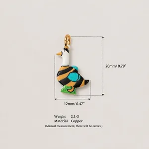 Detail view of colorful enamel goose pendant with dimensions and material info