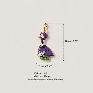 Detailed view of a cute cartoon goose charm showing dimensions and material specs
